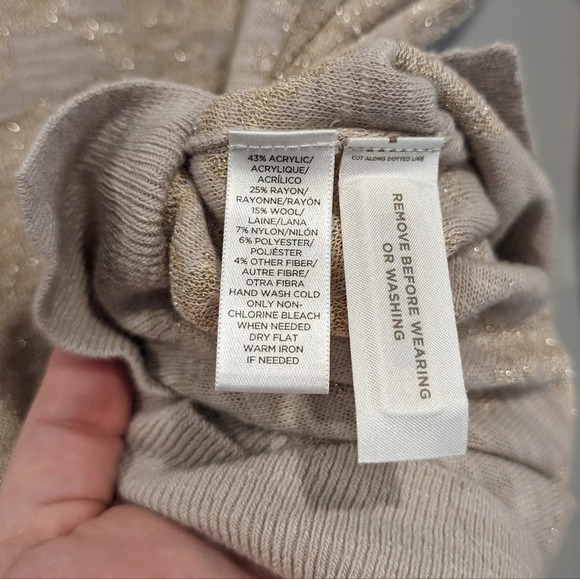Ann  Taylor Loft Beige & Gold Sparkle Wool Blend Printed Sweater Womans Small - Picture 6 of 8